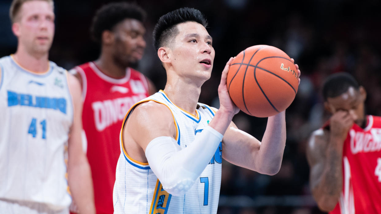 November 10, 2019 - Beijing, China: Former NBA player Jeremy Lin takes a free throw during a CBA game between Beijing Shougang Ducks and Qingdao Eagles in Cadillac arena.