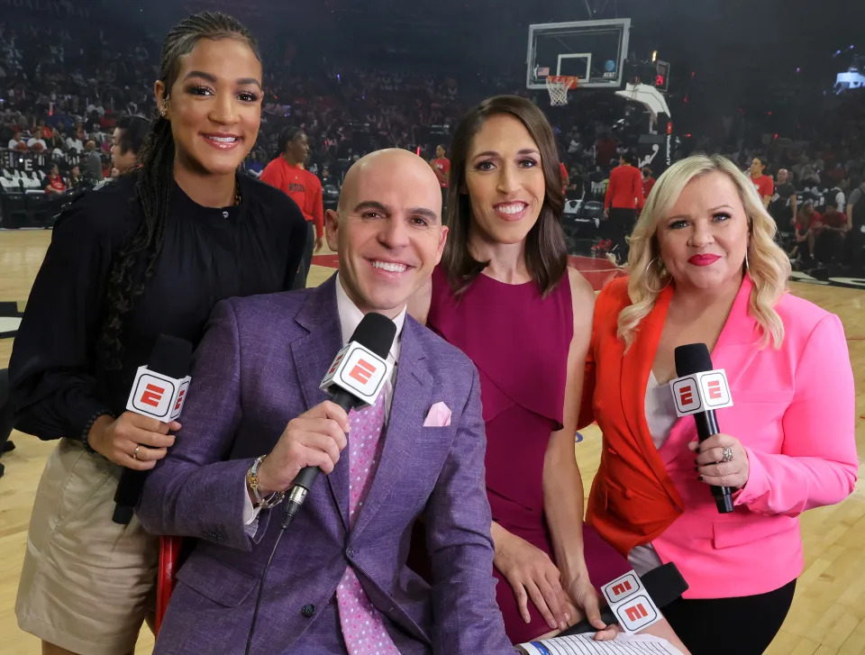 ESPN's Andraya Carter, Ryan Ruocco, Rebecca Lobo and Holly Rowe before Game 1 of the 2022 WNBA Finals between the Connecticut Sun and the Las Vegas Aces at Michelob ULTRA Arena in Las Vegas on Sept. 11, 2022. (Ethan Miller/Getty Images)