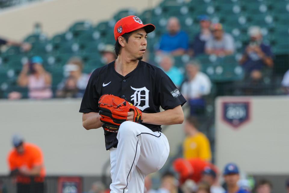 Detroit Tigers starting pitcher Kenta Maeda (18) pitches during the first inning against the Toronto Blue Jays at Joker Marchant Stadium in Lakeland, Florida, on Thursday, March 7, 2024.