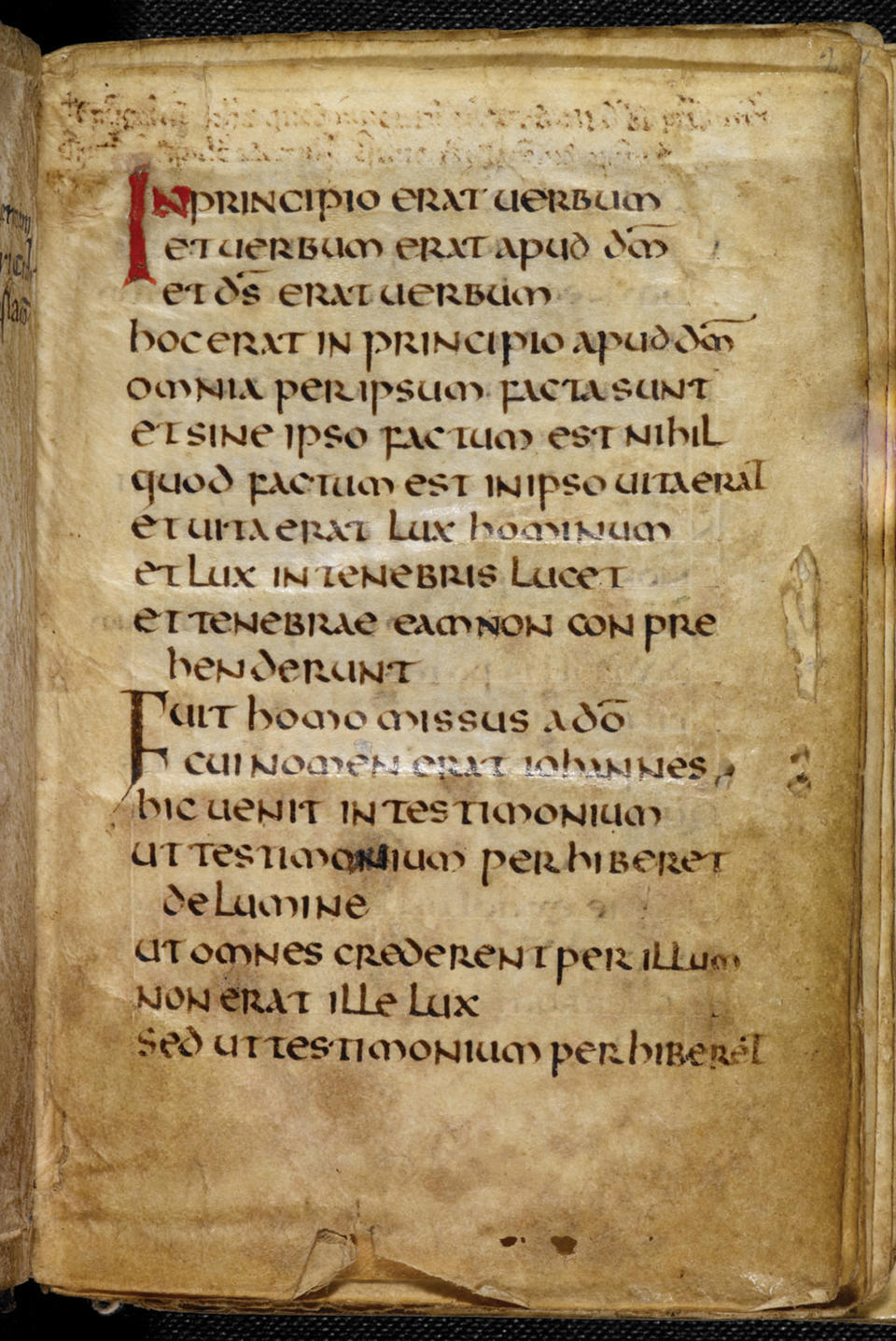 This photo, released by The British Library Tuesday April 17 2012,   shows a page in the St. Cuthbert Gospel, a remarkably preserved palm-sized book which is a manuscript copy of the Gospel of John in Latin which was bought from the British branch of the Society of Jesus (the Jesuits), the library said Tuesday April 17, 2012. The small book - 96 mm (3.8 inches) by 136 mm (5.4 inches) - has an elaborately tooled red leather cover. It comes from the time of St. Cuthbert, who died in 687, and it was discovered inside his coffin at Durham Cathedral when it was reopened in 1104.  (AP Photo / The British Library)