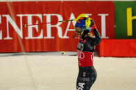 United States' Mikaela Shiffrin reacts after winning an alpine ski, women's World Cup slalom race, in Zagreb, Croatia, Wednesday, Jan. 4, 2023. (AP Photo/Piermarco Tacca)