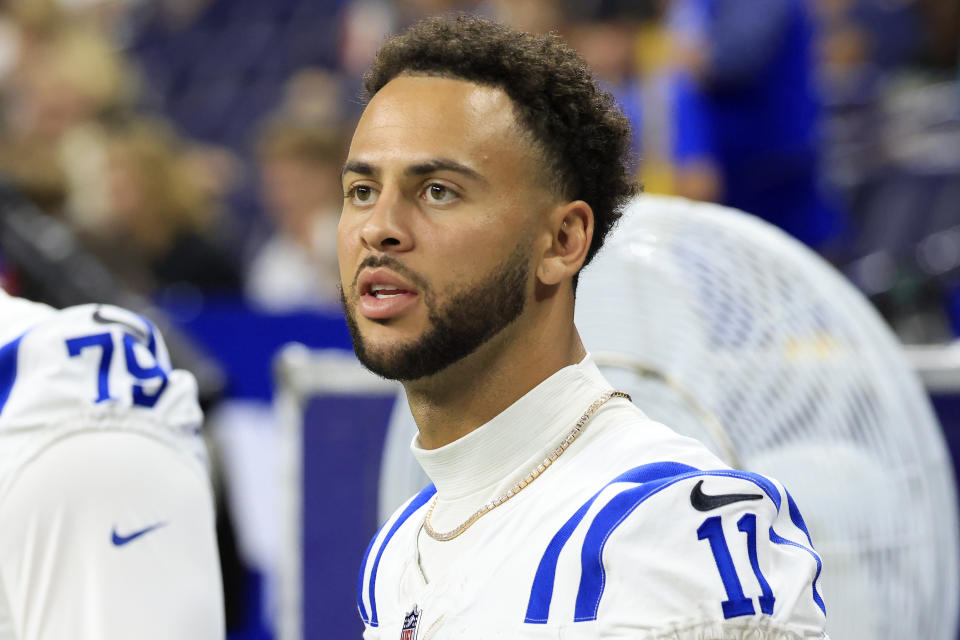 INDIANAPOLIS, INDIANA - AUGUST 17: Michael Pittman Jr. #11 of the Indianapolis Colts looks on from the sidelines against the Arizona Cardinals at Lucas Oil Stadium on August 17, 2024 in Indianapolis, Indiana. (Photo by Justin Casterline/Getty Images)