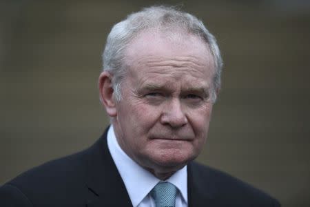 FILE PHOTO - Northern Ireland's Deputy First Minister Martin McGuinness pauses before speaking to media at Stormont Castle as he arrives to greet Colombia's President Juan Manuel Santos who is on a state visit to Belfast, Northern Ireland November 3, 2016. REUTERS/Clodagh Kilcoyne/File Photo