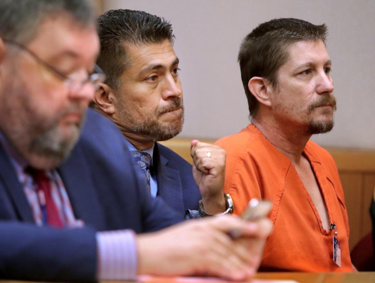 Michael Drejka, right, in a court appearance over the shooting of Markeis McGlockton in Clearwater, Florida: AP