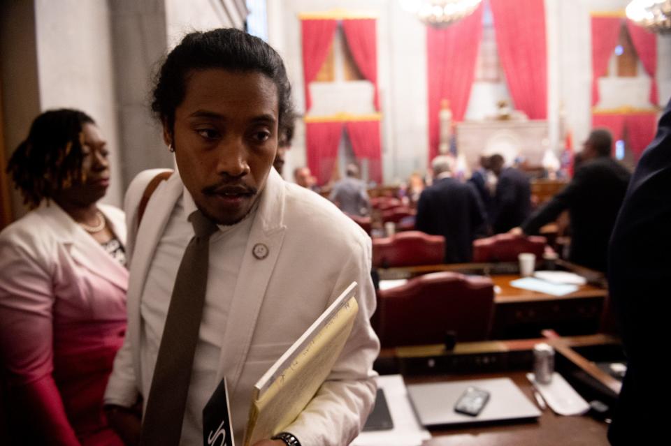 Justin Jones, D-Nashville, leaves the House floor after being expelled at the Tennessee State Capitol in Nashville, Tenn., on Thursday, April 6, 2023. 