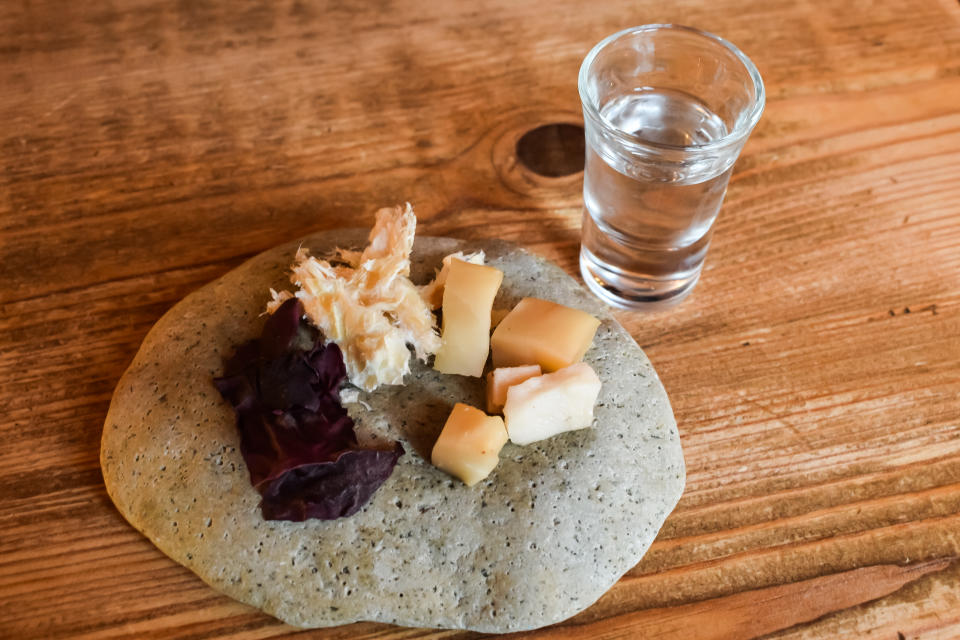 Shark fish set with vodka traditional in Iceland food