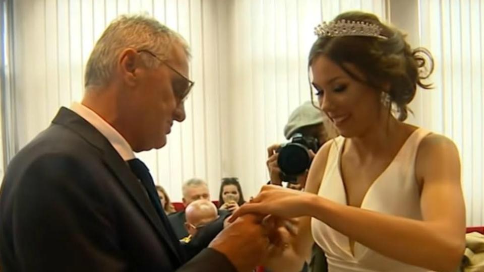 Milojko Bozic, 74, and 21-year-old Milijana Bogdanovic married near their home in Serbia. Photo: Australscope  