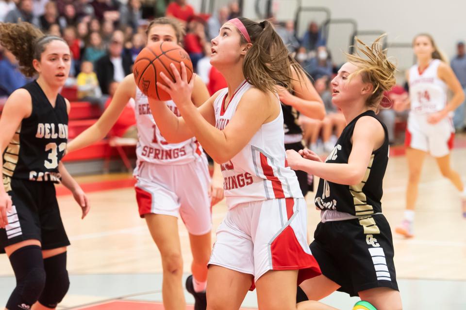 Bermudian Springs' Bailey Oehmig prepares to shoot and score on a layup in the first quarter of a YAIAA Division III basketball game against Delone Catholic on Jan. 10, 2022, in York Springs. Oehmig led the Eagles in scoring with 22 points.