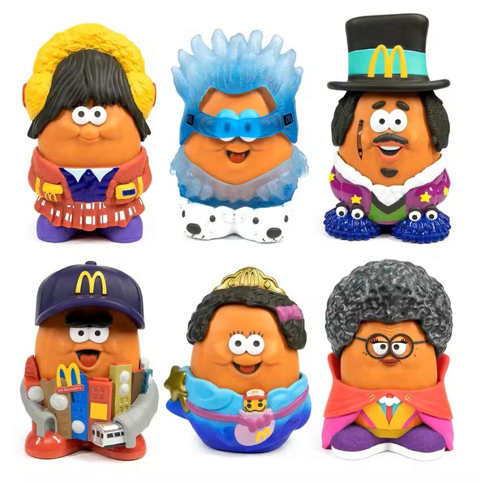 Pictured are the 6 new, iconic McNugget Buddies in McDonald's Adult Happy Meal created by Kerwin Frost for 2023. They are (from left to right, top to bottom) Darla, BRRRICK, Kerwin Frost, Uptown Moe, Waffutu and Don Bernice