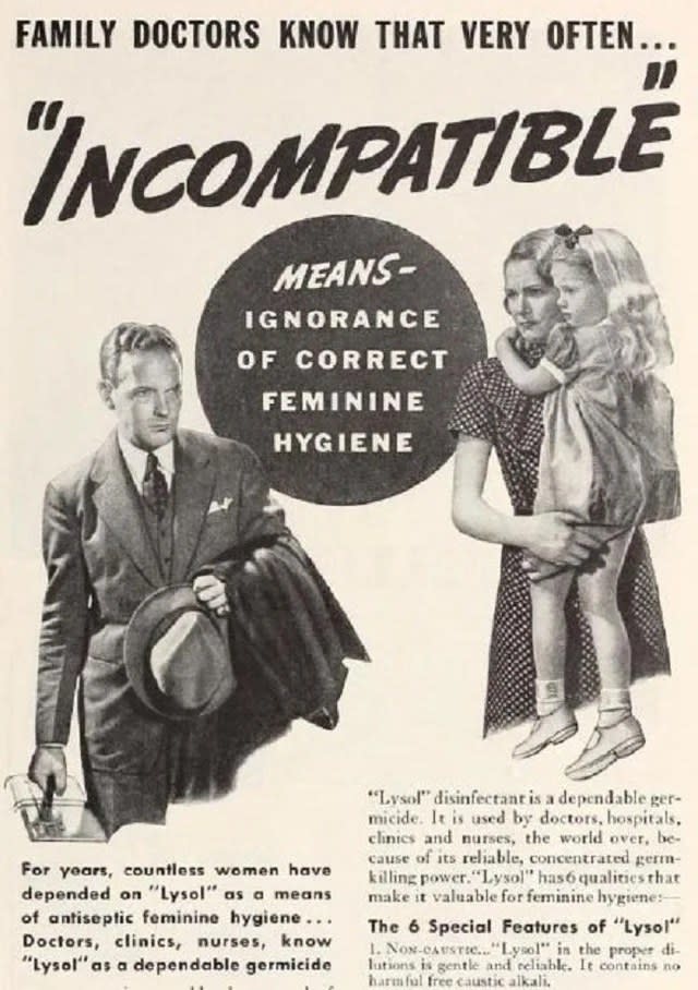 An ad that claims "countless women have depended on Lysol as a means of antiseptic feminine hygiene"