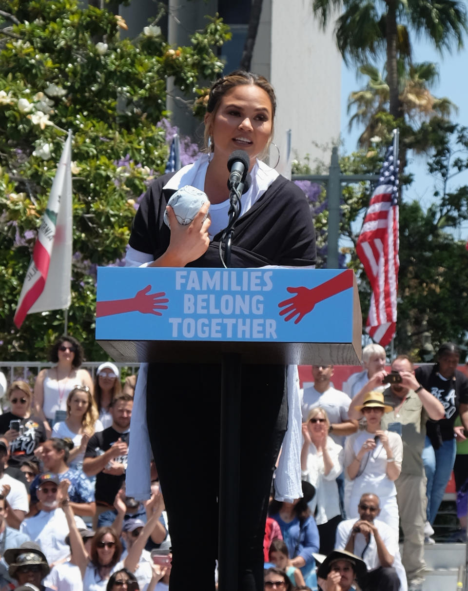 Teigen criticized Trump’s immigration policy at the Families Belong Together rally on June 30. (Photo: Sarah Morris/Getty Images)
