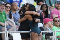 Tara Davis-Woodhall, celebrates after winning the women's long jump during the U.S. track and field championships in Eugene, Ore., Sunday, July 9, 2023. (AP Photo/Ashley Landis)
