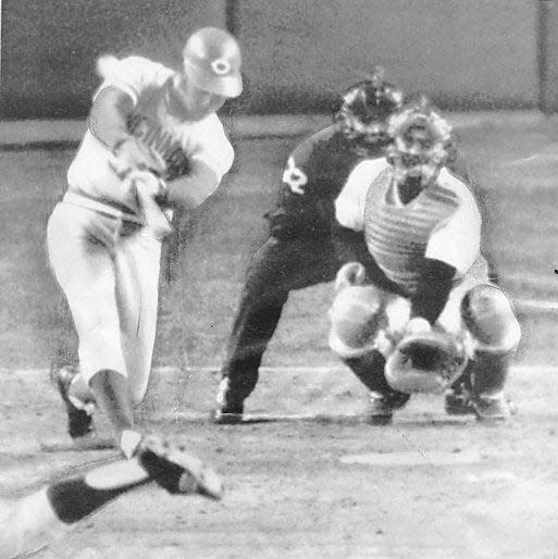 Dan Driessen, here hitting a home run in the 1976 World Series against the New York Yankees, was tasked with replacing Reds and National Baseball Hall of Famer Tony Perez after Perez was traded to the Expos in December 1976.