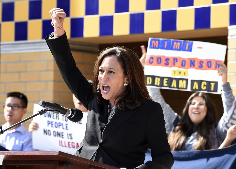 <span class="s1"> Sen. Kamala Harris attends a Dream Act rally in Irvine, Calif., in 2017. (Photo: Kevork Djansezian/Getty Images)</span>