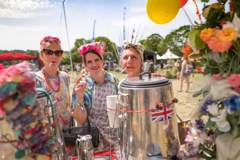 The tea ladies in the Theatre and Circus area on Day 3 (Friday) of the 2019 Glastonbury Festival at Worthy Farm in Somerset. Photo date: Friday, June 28, 2019. Photo credit should read: Richard Gray/EMPICS Entertainment