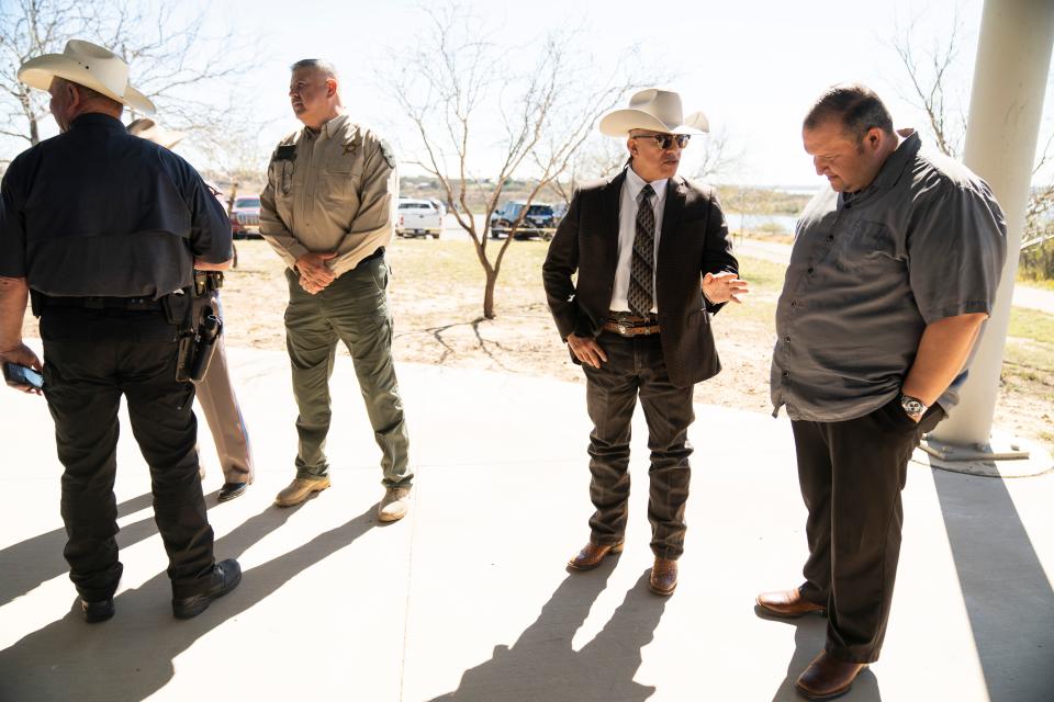 Texas Ranger E.J. Salinas, middle right, attends a press conference hosted by the Zapata County Sheriff’s Office on Operation Lone Star Tuesday, Feb. 6, 2024.