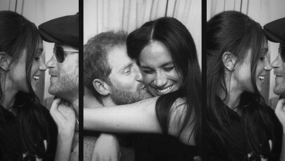 a set of black and white photobooth photos of Harry and Meghan