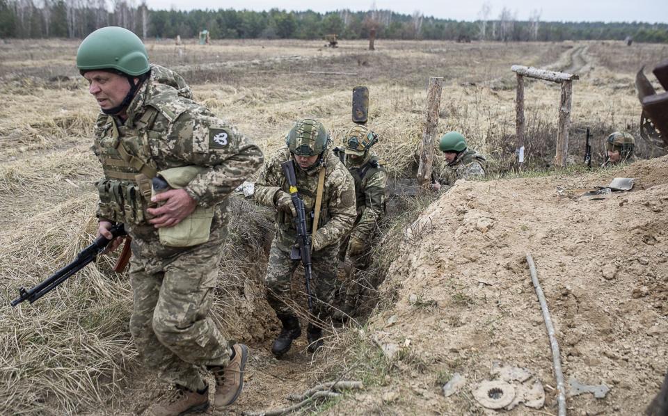 120th Independent Brigade of the Territorial Defense Forces (Battalion 120) of Ukraine conduct training exercises near the Belarus border in Chernobyl, Kyiv Oblast, Ukraine on March 16, 2024.