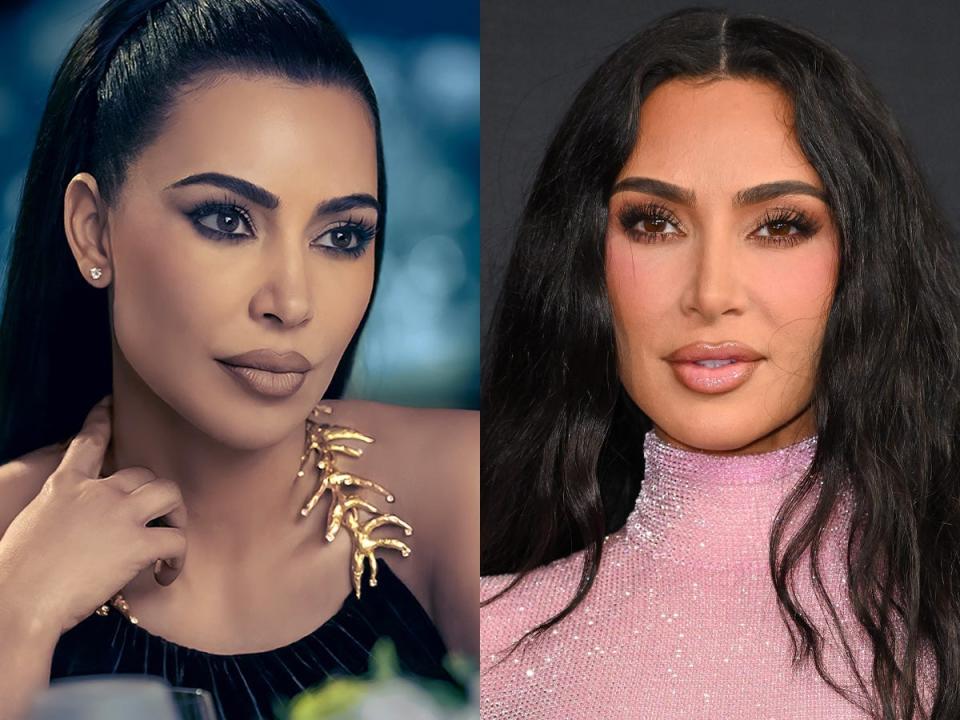 A side-by-side image of Kim Kardashian on "American Horror Story: Delicate," and in 2023.