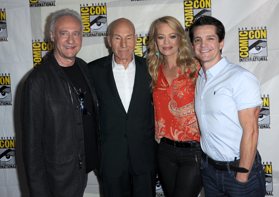 SAN DIEGO, CALIFORNIA - JULY 20: (L-R) Brent Spiner, Patrick Stewart, Jeri Ryan and Jonathan Del Arco attend the "Enter The Star Trek Universe" Panel during 2019 Comic-Con International at San Diego Convention Center on July 20, 2019 in San Diego, California. (Photo by Albert L. Ortega/Getty Images)