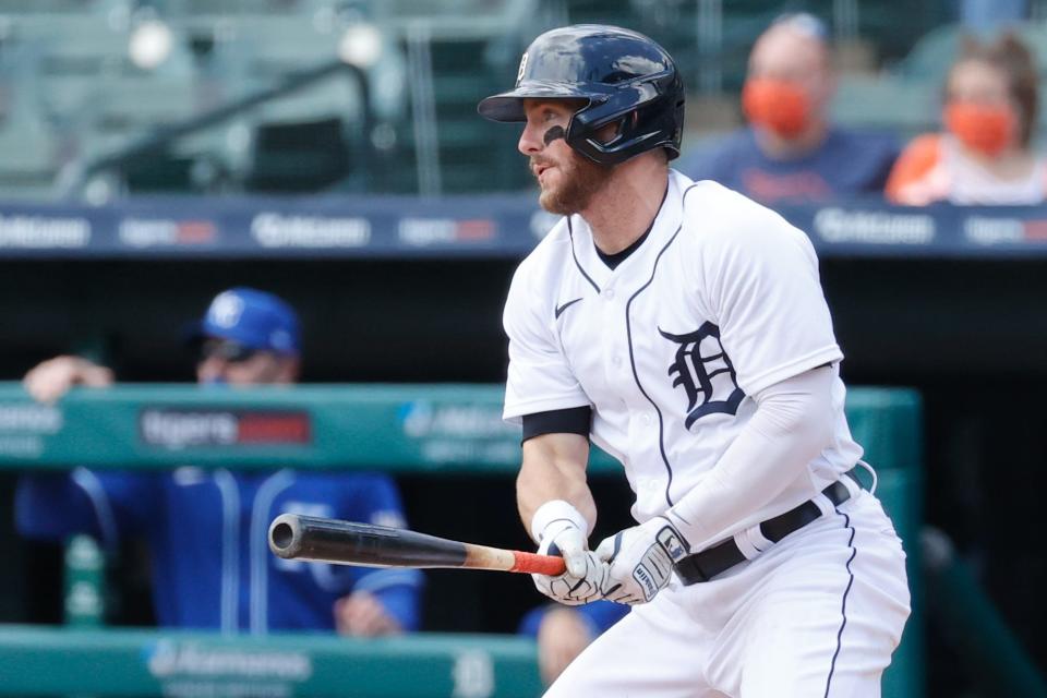 Tigers right fielder Robbie Grossman hits an RBI single in the second inning against the Royals on Thursday, May 13, 2021, at Comerica Park.