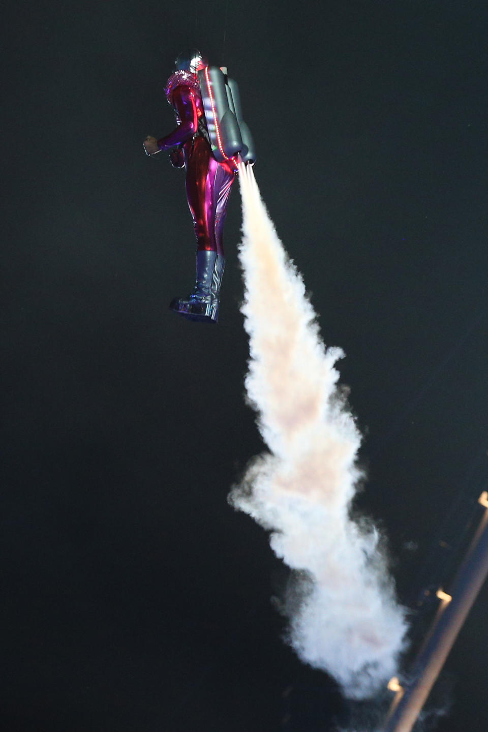 LONDON, ENGLAND - JULY 27: A performer with a jetpack takes part in the Opening Ceremony of the London 2012 Olympic Games at the Olympic Stadium on July 27, 2012 in London, England. (Photo by Cameron Spencer/Getty Images)