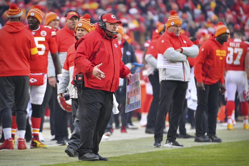 Jan 12, 2020; Kansas City, MO, USA; Kansas City Chiefs head coach Andy Reid yells to his team during the second quarter against the Houston Texans in a AFC Divisional Round playoff football game at Arrowhead Stadium.  Mandatory Credit: Denny Medley-USA TODAY Sports