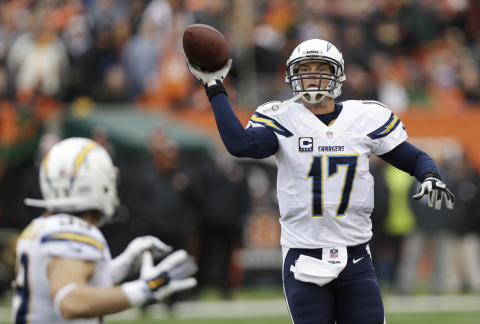 San Diego Chargers quarterback Philip Rivers (17) tosses a pass to running back Danny Woodhead in the second half of an NFL wild-card playoff football game against the Cincinnati Bengals, Sunday, Jan. 5, 2014, in Cincinnati. (AP Photo/Al Behrman)