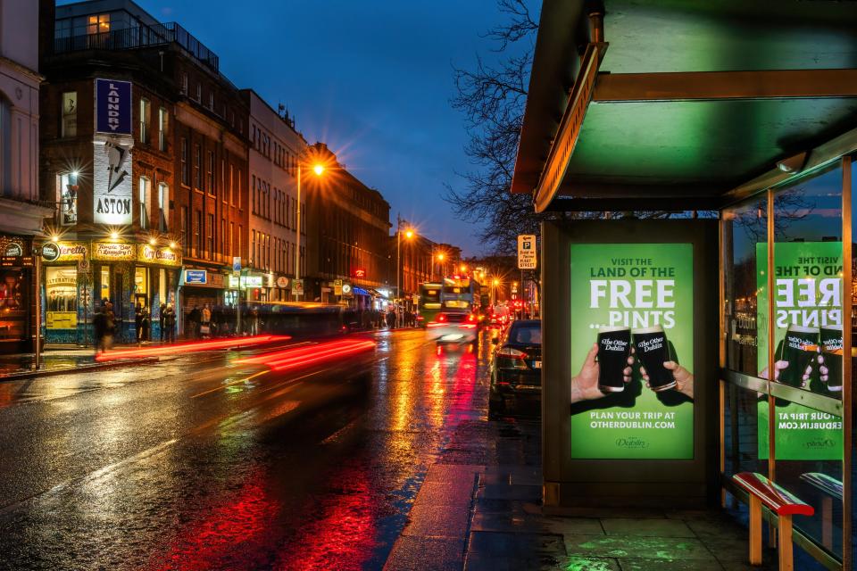 Visit Dublin Ohio, the visitor's bureau for the city, has placed advertisements in downtown Dublin, Ireland, inviting them to come visit the "other Dublin" and drink some free beer around St. Patrick's Day.