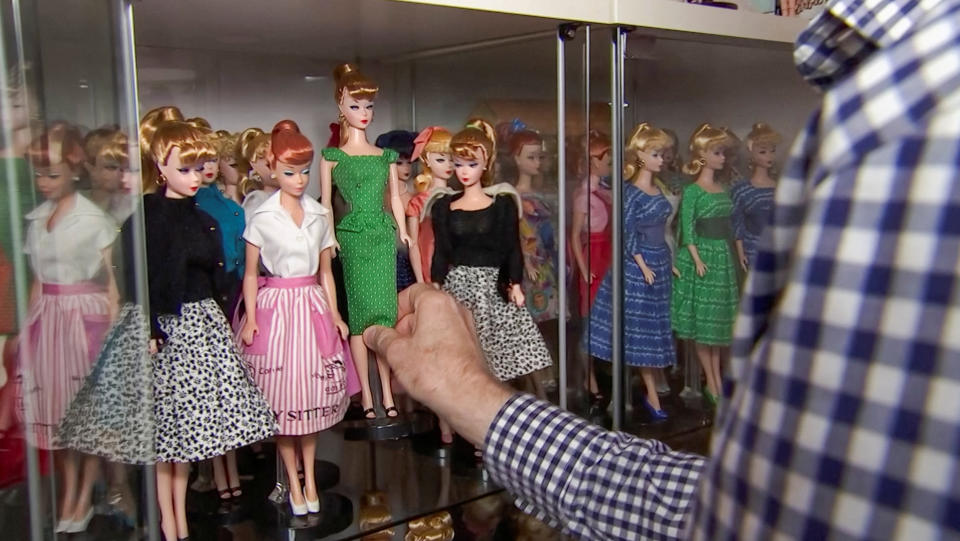 A screen grab shows Matthew Keith's collection of Barbies, during an interview with Reuters, in Los Angeles, California, U.S., July 21, 2023. REUTERS TV/via REUTERS