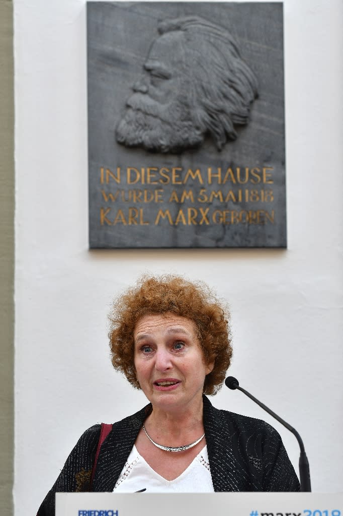Frederique Longuet Marx, great-great-granddaughter of Marx, gives a speech prior to the opening of a new exhibition at the house where he was born (AFP Photo/Harald Tittel)