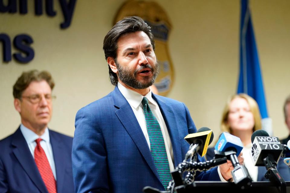 Jonathan Koppell, president of Montclair State University, speaks during a press conference held to announce the partnership between HSI, the Global Center on Human Trafficking and Montclair State University to combat human trafficking on Wednesday, Jan. 25, 2023, in Newark.