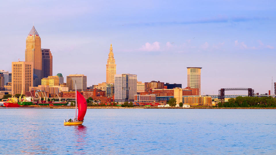 CLEVELAND, OH - JULY 24 2015: The city and port of Cleveland are seen from Lake Erie, just to the west of the mouth of the Cuyahoga.