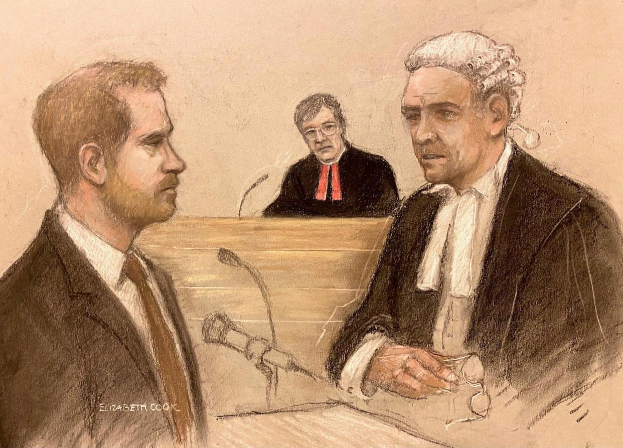 A court artist sketch by Elizabeth Cook shows the Duke of Sussex being cross examined by Andrew Green KC (Elizabeth Cook/PA)