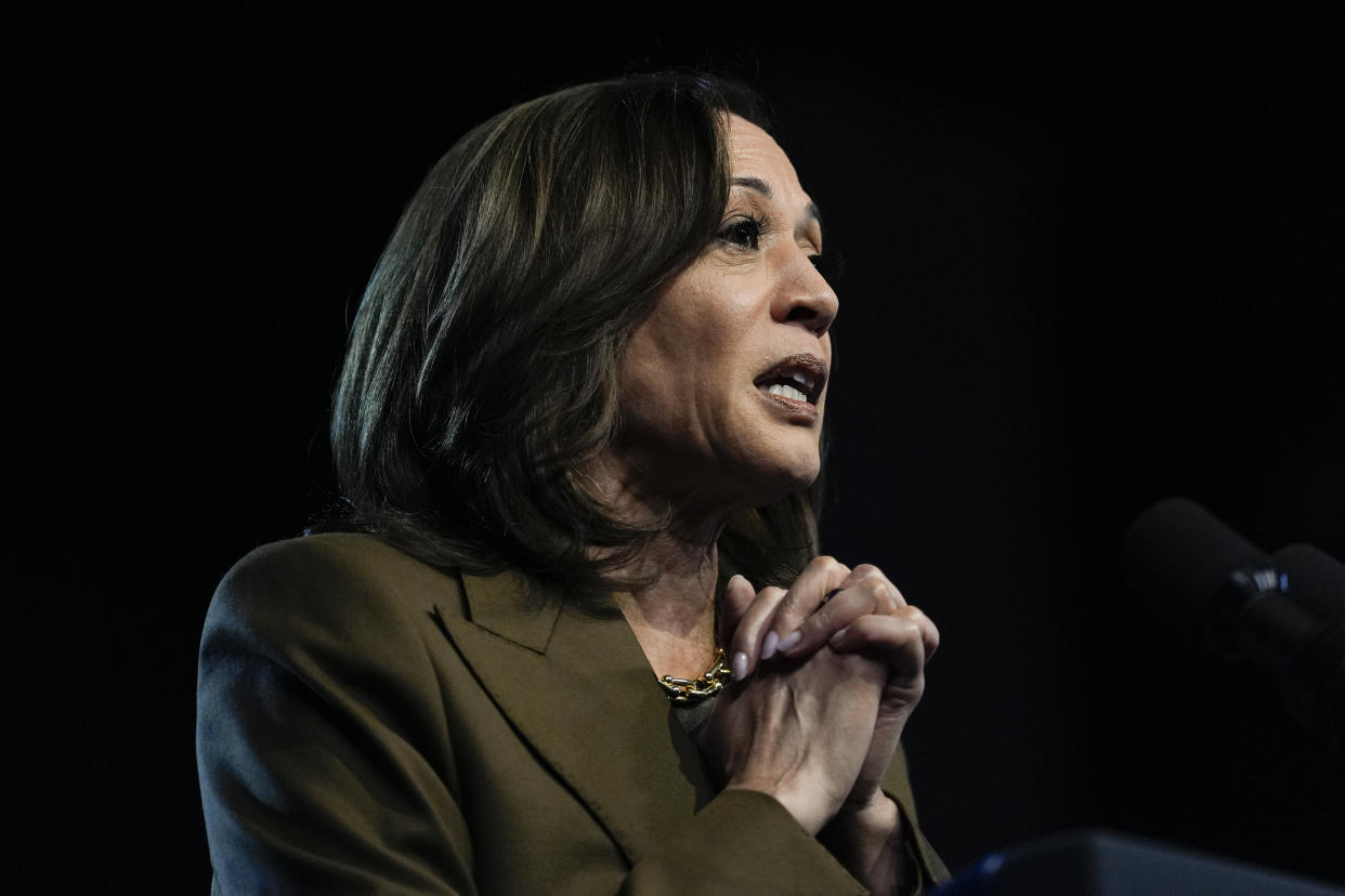 Democratic presidential nominee Vice President Kamala Harris speaks about Hurricane Helene at a rally on Sunday, Sept. 29, 2024, in Las Vegas. (AP Photo/Carolyn Kaster)