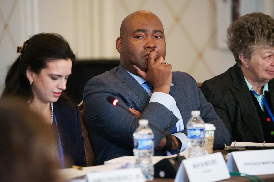 Democratic National Committee chair Jamie Harrison attends a rules and bylaws committee meeting in Washington regarding a vote on the order of the presidential nominating calendar and the fate of Iowa's first-in-the-nation caucuses. The DNC may potentially elevate states like Michigan ahead of Iowa, which has traditionally held the first caucus in the nation.