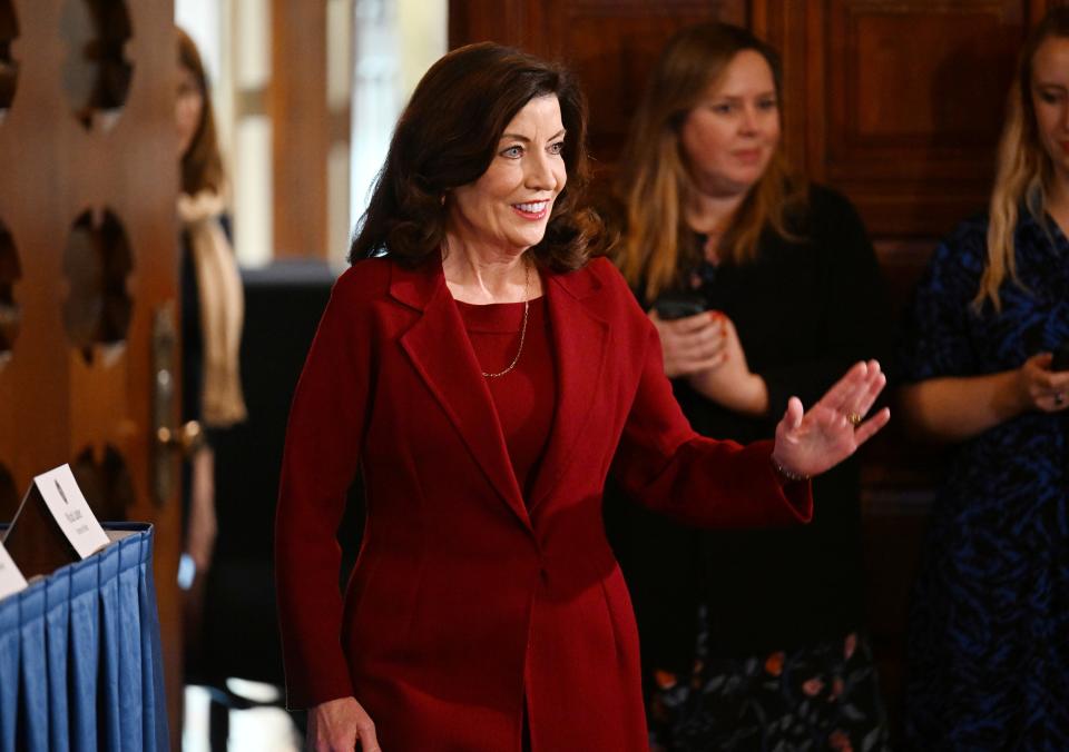 New York Gov. Kathy Hochul arrives to present her executive state budget in the Red Room at the state Capitol Wednesday, Feb. 1, 2023, in Albany, N.Y.