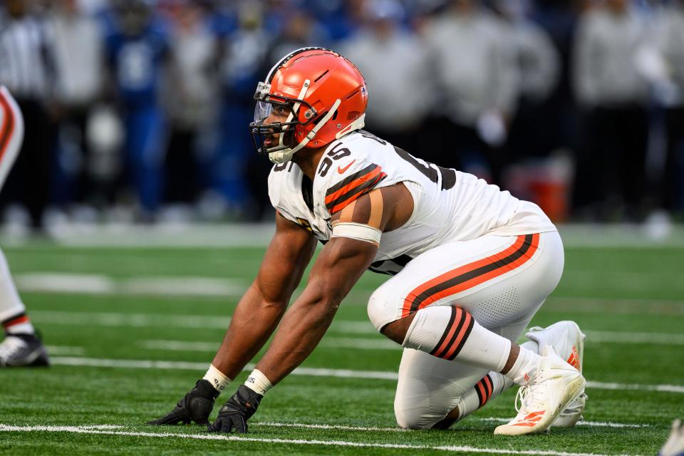Cleveland Browns defensive end Myles Garrett (95) lines up against the Indianapolis Colts on Oct. 22 in Indianapolis.