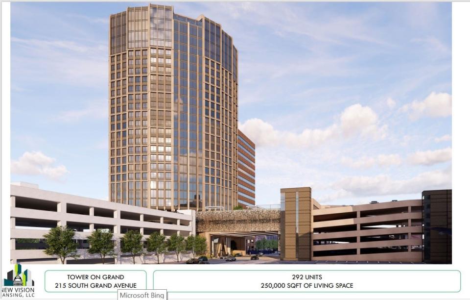 A February 2024 rendering of Tower on Grand, the first skyscraper proposed for Lansing in decades.