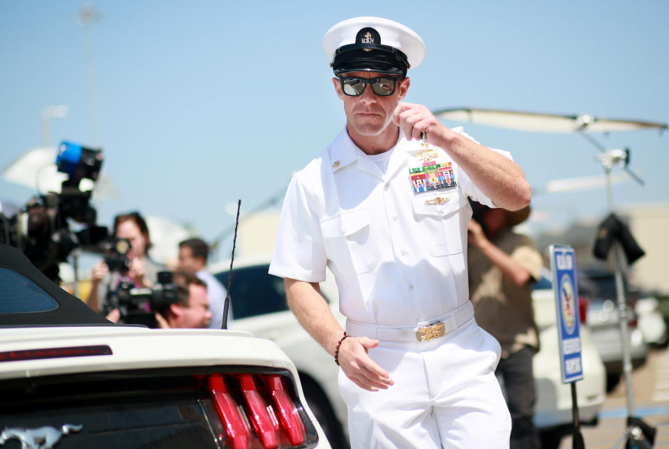 SAN DIEGO, CA - JULY 02: Navy Special Operations Chief Edward Gallagher walks out of military court during lunch recess on July 2, 2019 in San Diego, California. Jury deliberations begin today for Chief Gallagher, who is on trial for war crimes for shooting of unarmed civilians in Iraq in 2017, including a school-age girl, and with killing a captured teenage ISIS fighter with a knife while deployed. (Photo by Sandy Huffaker/Getty Images)