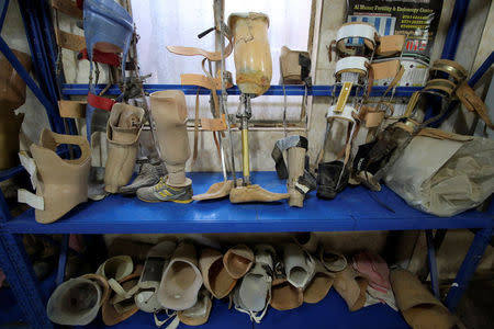 Prosthetics are seen at the Artificial Limb Centre in Basra, Iraq February 28, 2018. REUTERS/Essam Al-Sudani