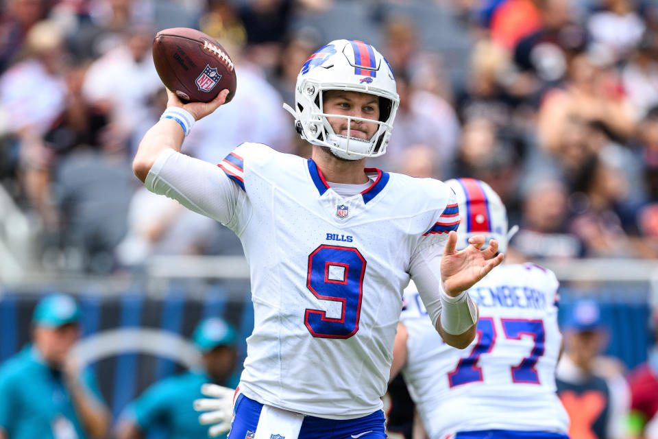 Aug 26, 2023; Chicago, Illinois, USA; Buffalo Bills quarterback Kyle Allen (9) drops back to throw against the Chicago Bears during the second quarter at Soldier Field. Mandatory Credit: Daniel Bartel-USA TODAY Sports