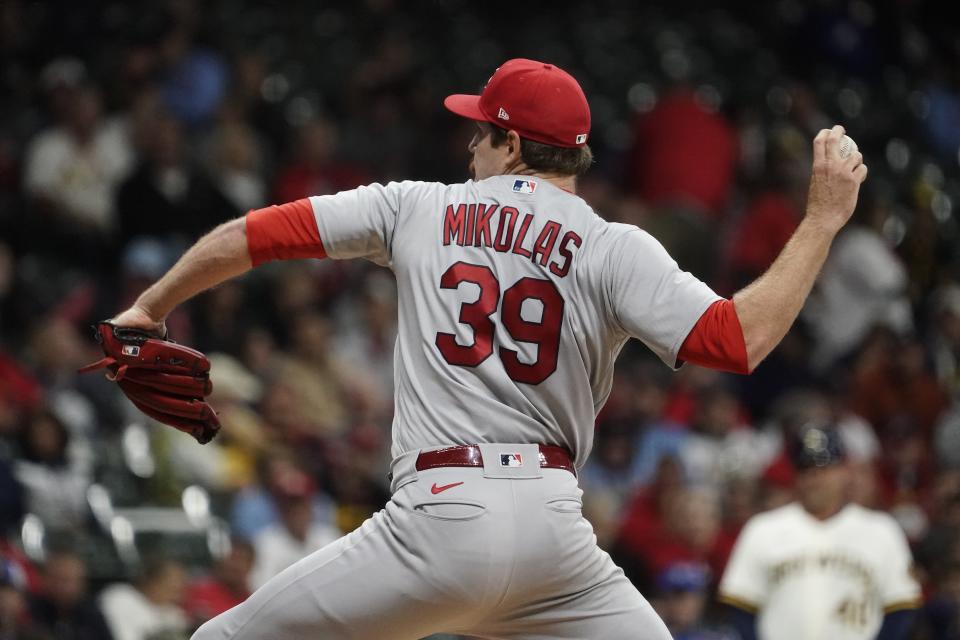 St. Louis Cardinals starting pitcher Miles Mikolas throws during the first inning of a baseball game against the Milwaukee Brewers Tuesday, Sept. 27, 2022, in Milwaukee. (AP Photo/Morry Gash)