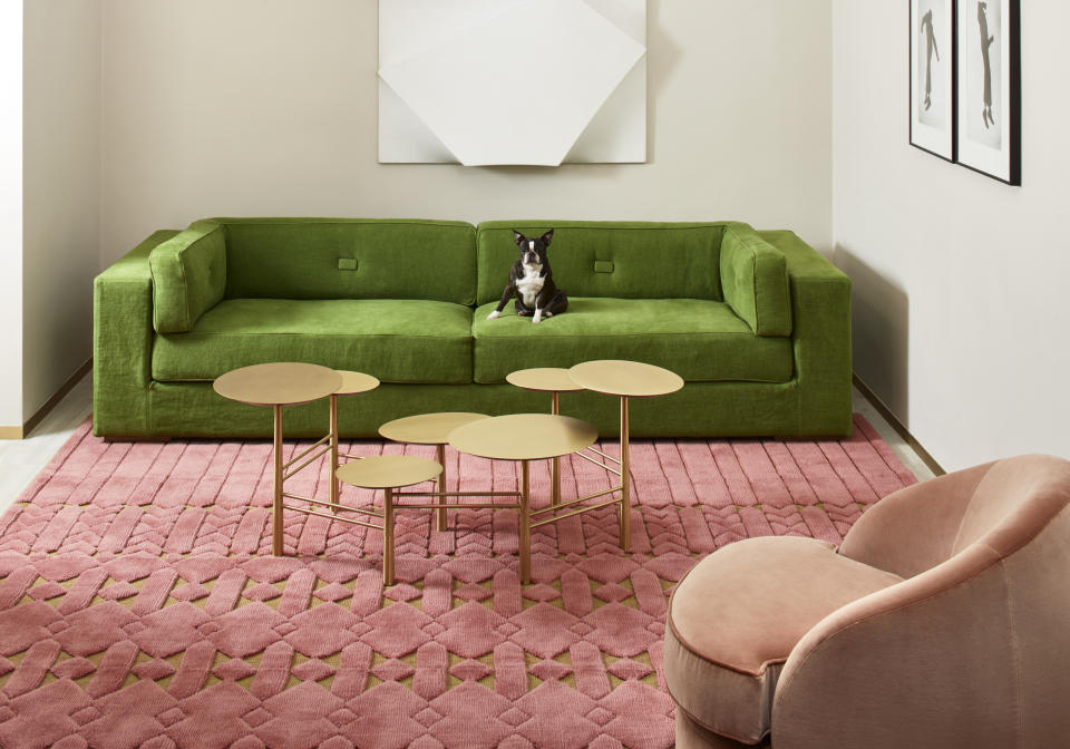 A pink rug paired with an olive green sofa