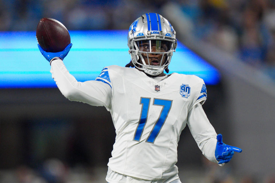 Lions quarterback Teddy Bridgewater passes against the Carolina Panthers during the first half of a preseason NFL football game Friday, Aug. 25, 2023, in Charlotte, N.C. (AP Photo/Jacob Kupferman)