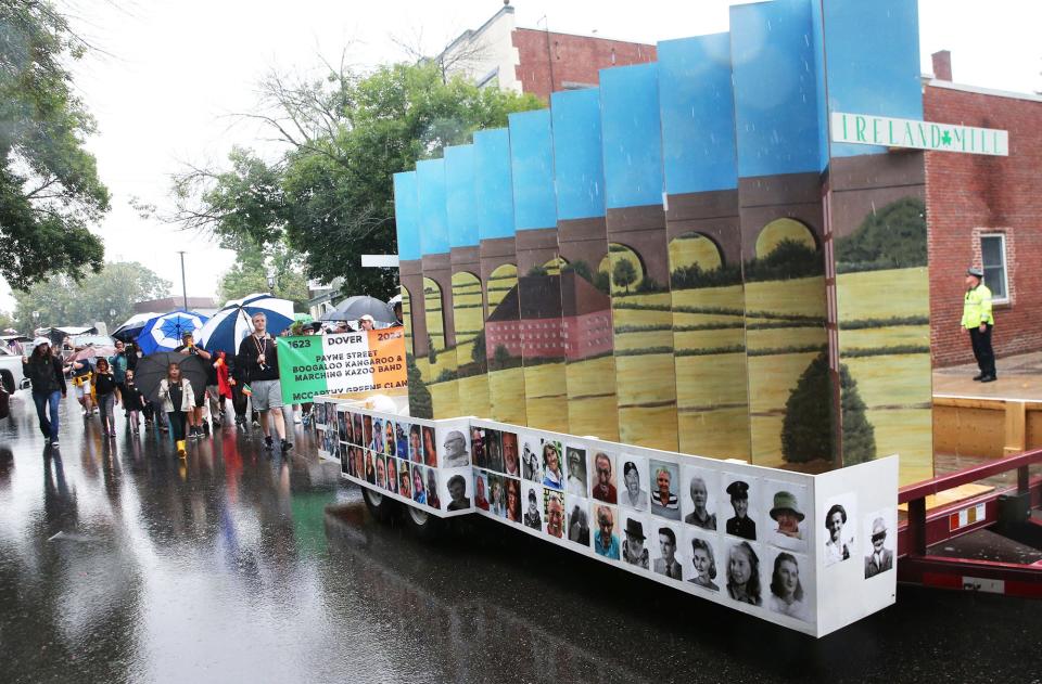 The float representing the McCarthy and Greene families depicted a mill in Ireland and from the rear the Cocheco Mills in downtown Dover so that as it passed, parade-goers could see how her family came from Ireland to Dover. Photographs of dozens of family members throughout the years encircled the bottom of the float, which won the Best In Parade award.