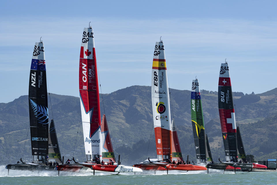 In this photo released by SailGP, the SailGP F50 catamaran fleet in action on Race Day 2 of the New Zealand Sail Grand Prix in Christchurch, New Zealand Sunday, March 19, 2023. (Bob Martin/SailGP via AP)