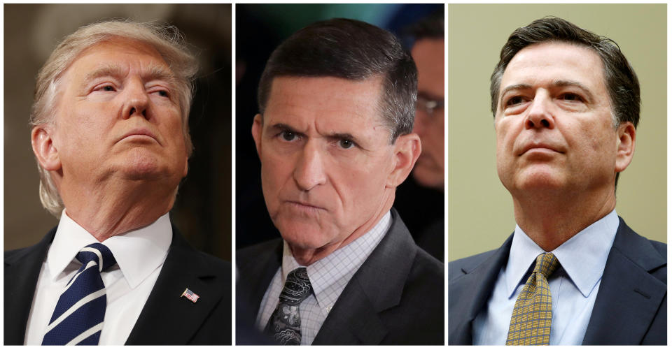 President Donald Trump, Former White House National Security Advisor Michael Flynn, and Former FBI Director James Comey (REUTERS/Jim Lo Scalzo/Pool, Carlos Barria, Gary Cameron)