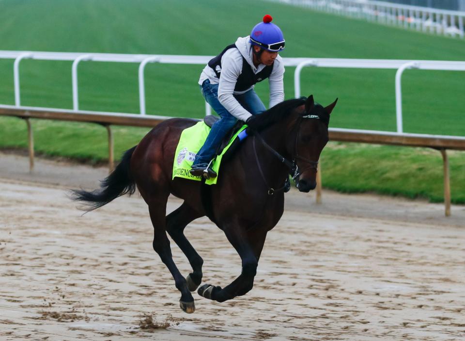 Kentucky Derby hopeful Confidence Game trains with exercise rider Alex Cano Friday morning, April 28, 2023 at Churchill Downs. The horse, who won the Rebel Stakes In February and the Lecomte Stakes in January, is trained by J. Keith Desormeaux.