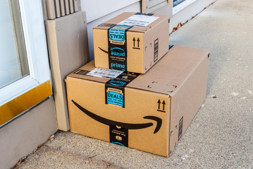 Amazon Prime packages waiting to be collected on a customer's doorstep (Photo: Getty)
